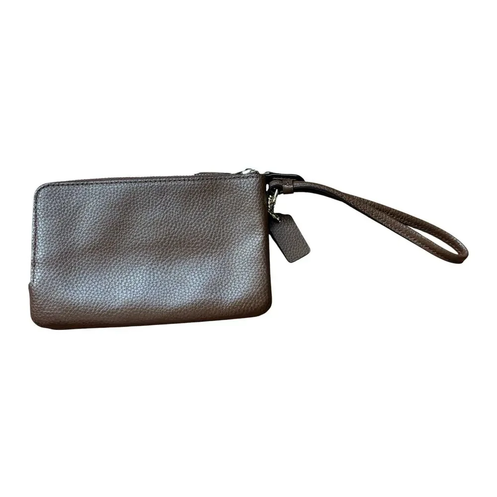 Coach Double Corner Zip Wristlet in Dark Brown Pebble Leather